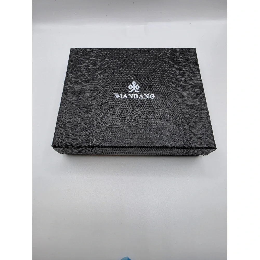 Manbang Mens Black Genuine Leather Bifold Wallet with Zipper Pocket and Gift Box